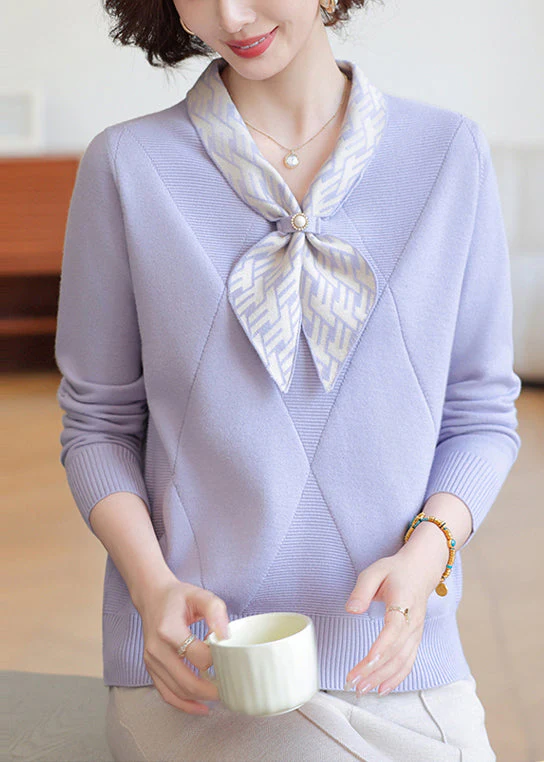 Chic Lavender Bow Neck Striped Knit Shirts Winter - Image 3