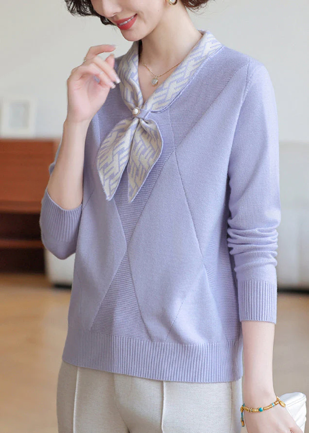 Chic Lavender Bow Neck Striped Knit Shirts Winter - Image 4