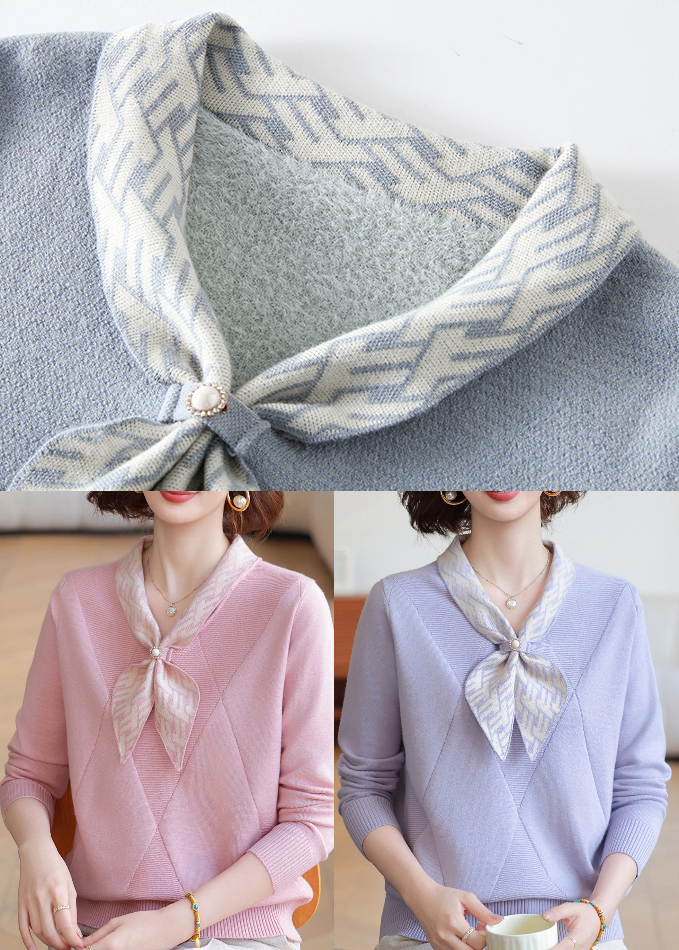 Chic Lavender Bow Neck Striped Knit Shirts Winter - Image 5