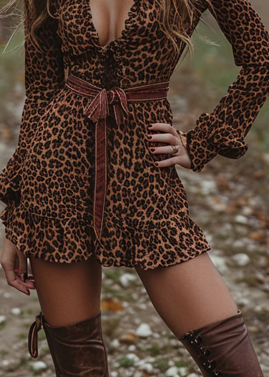 Chic Leopard Ruffled Cotton Mini Dresses Long Sleeve - Image 4