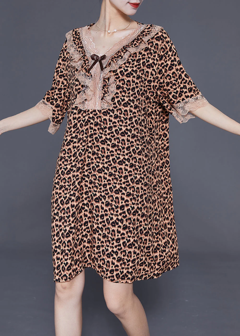 Chic Leopard V Neck Patchwork Lace Cotton Mid Dress Summer - Image 3
