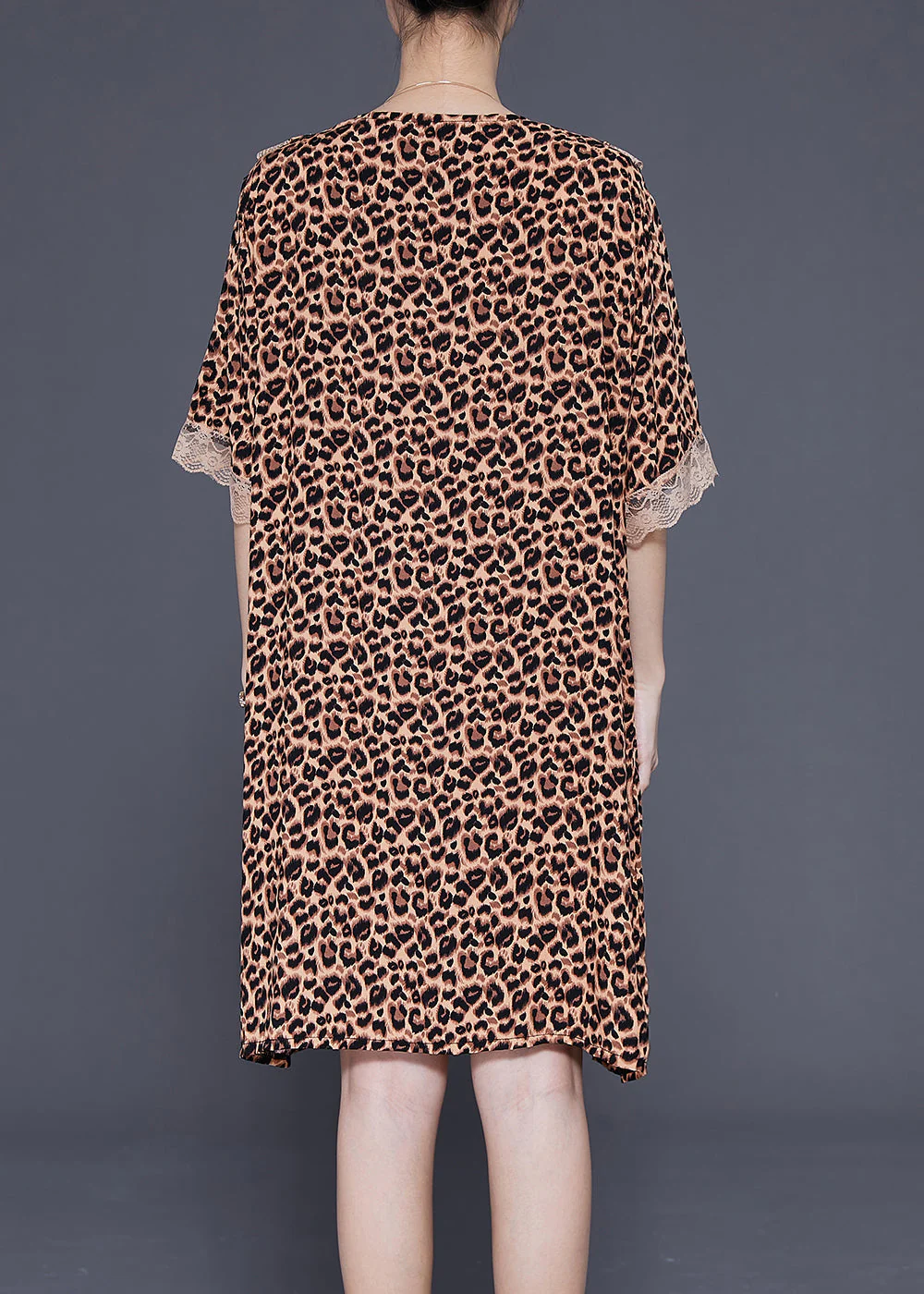 Chic Leopard V Neck Patchwork Lace Cotton Mid Dress Summer - Image 4