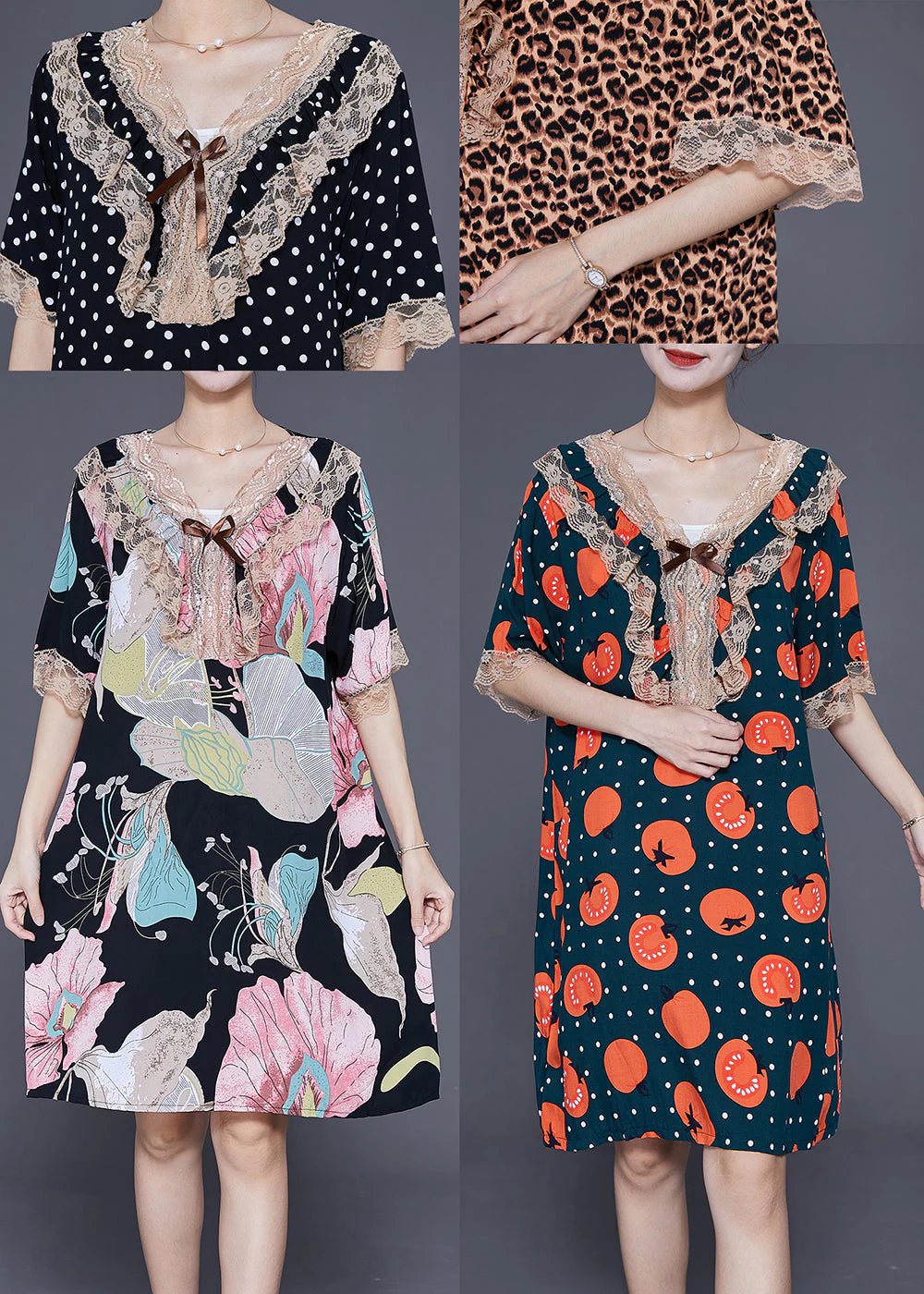 Chic Leopard V Neck Patchwork Lace Cotton Mid Dress Summer - Image 5