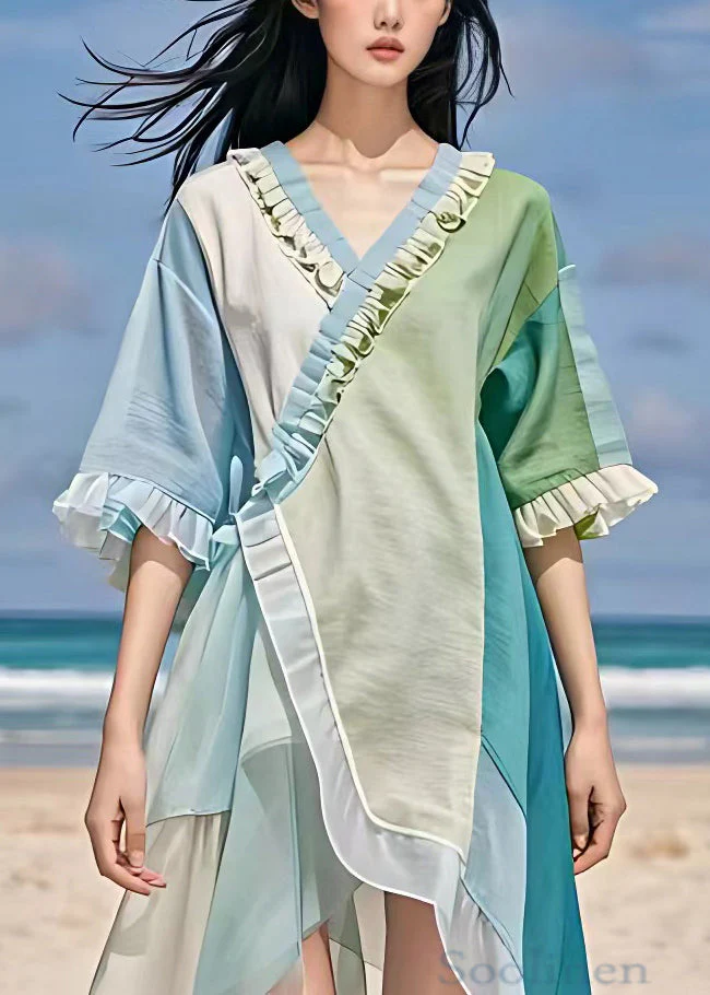 Chic Light Blue V Neck Ruffled Chiffon Dress Summer - Image 2