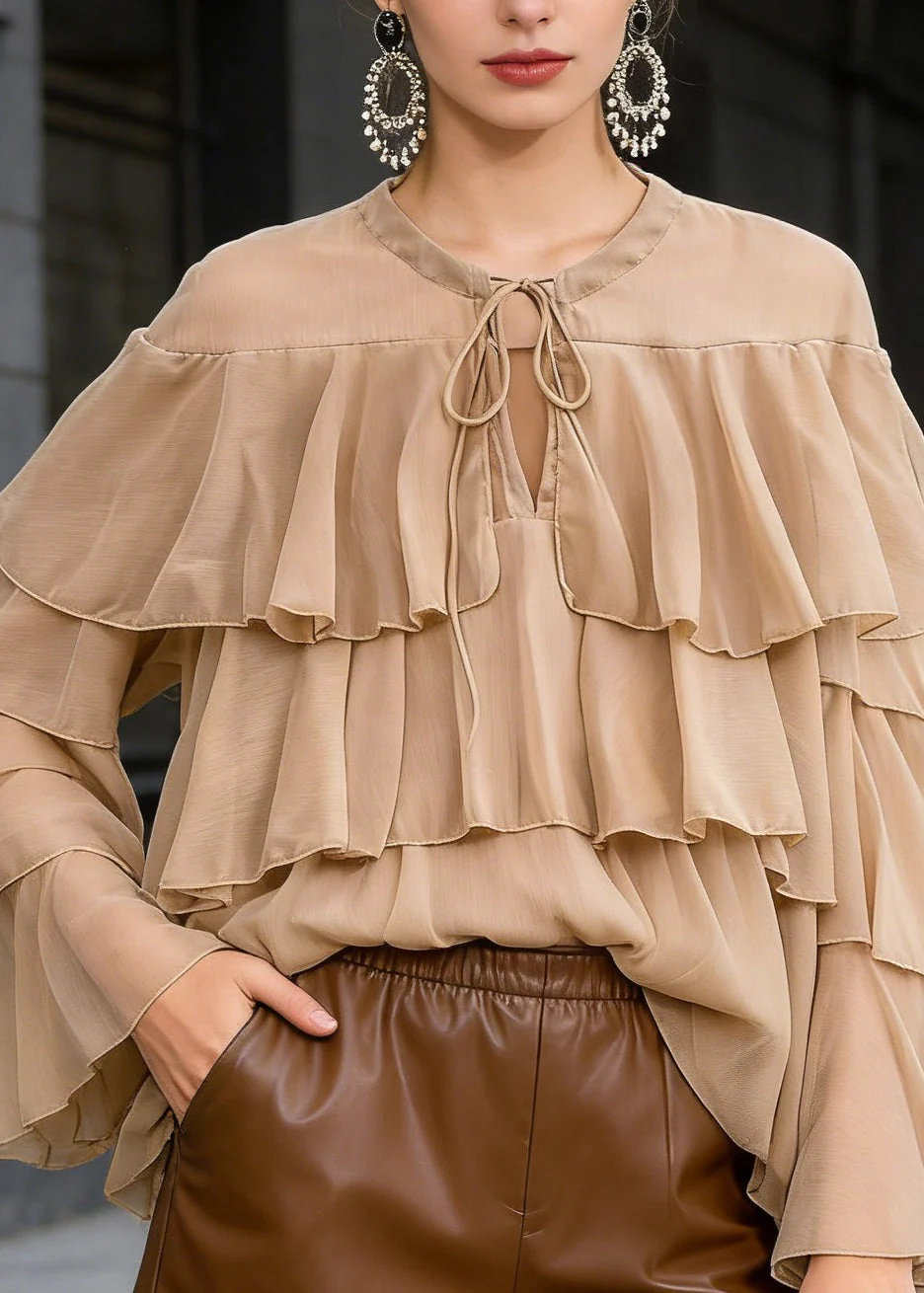 Chic Light Brown O Neck Ruffled Patchwork Chiffon Blouses Spring - Image 2