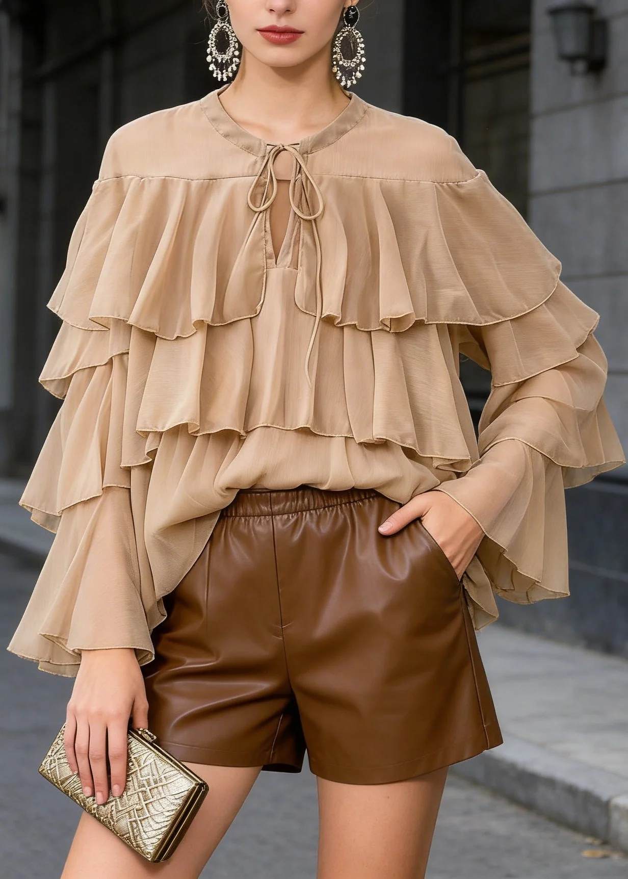 Chic Light Brown O Neck Ruffled Patchwork Chiffon Blouses Spring - Image 3
