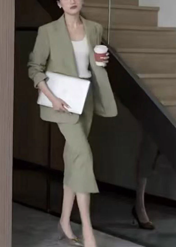 Chic Light Green Notche Coats And Maxi Skirts Two Pieces Set Spring - Image 5