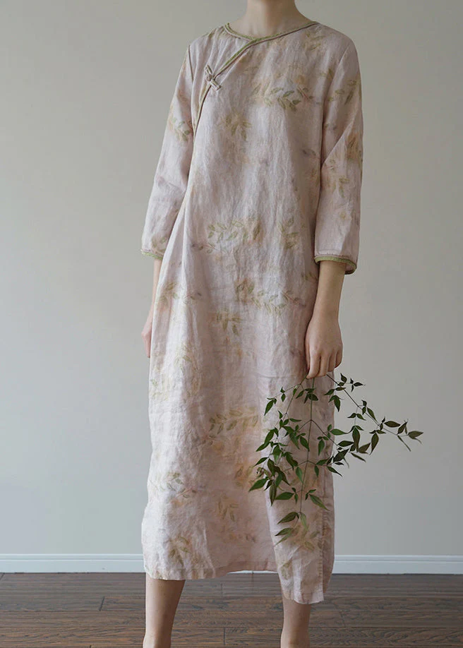 Chic Light Pink O-Neck side open Print Linen Dresses Three Quarter sleeve - Image 3