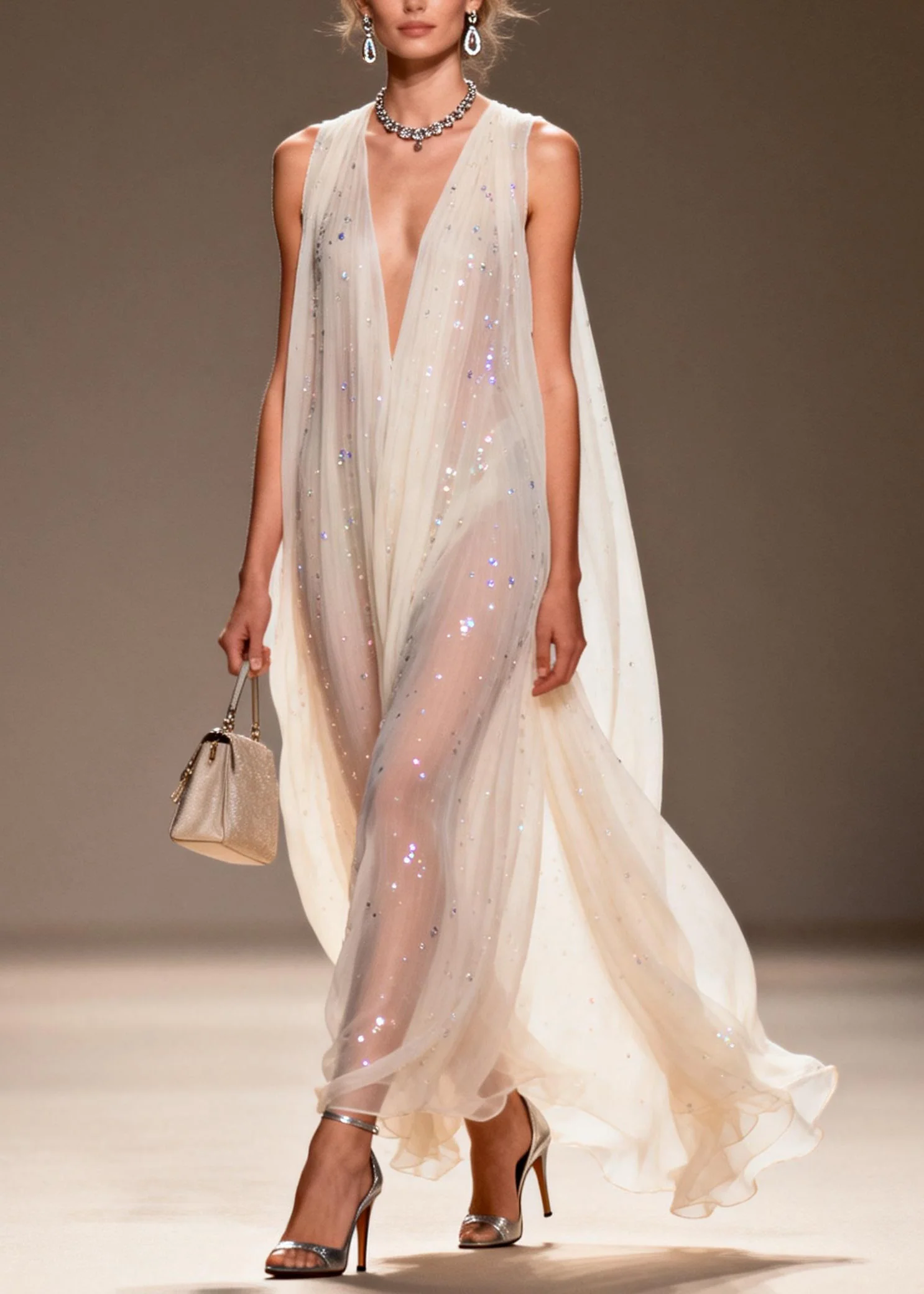 Chic Loose V Neck Zircon Chiffon Dress Sleeveless