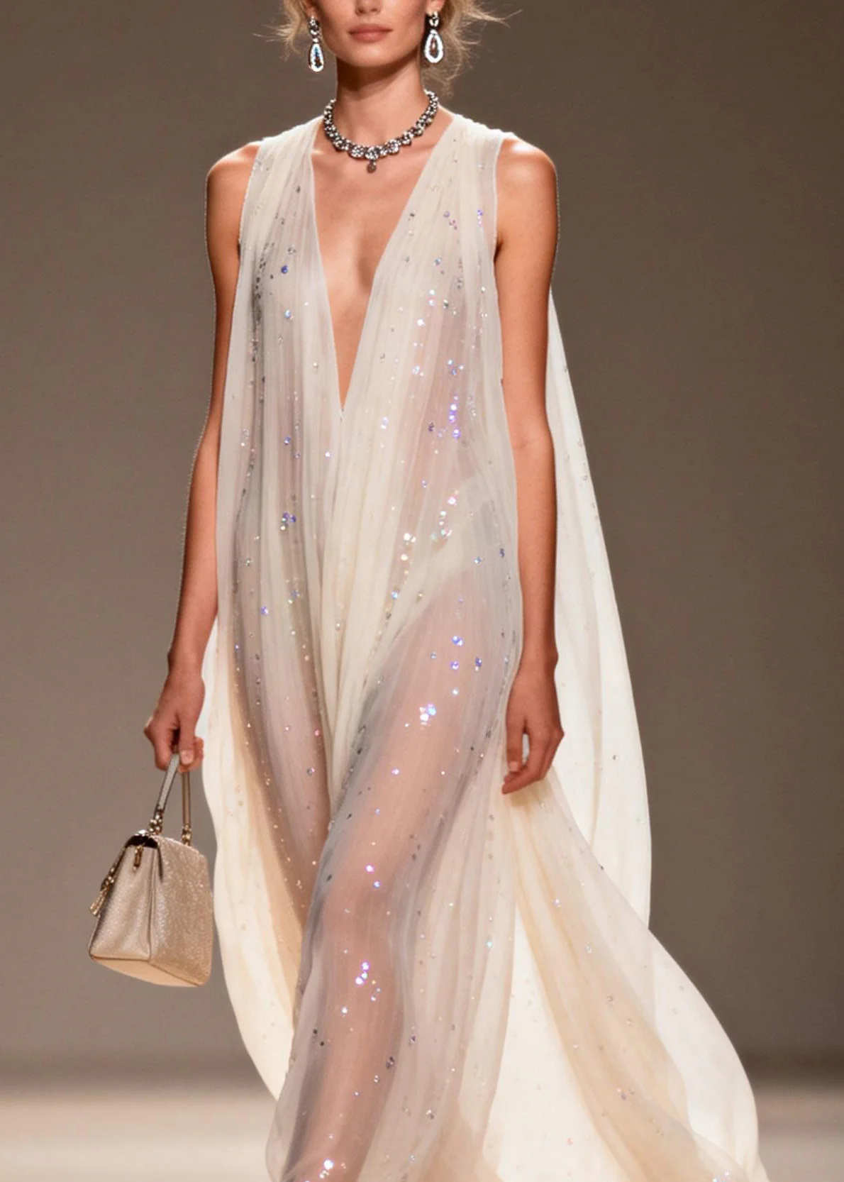 Chic Loose V Neck Zircon Chiffon Dress Sleeveless - Image 2