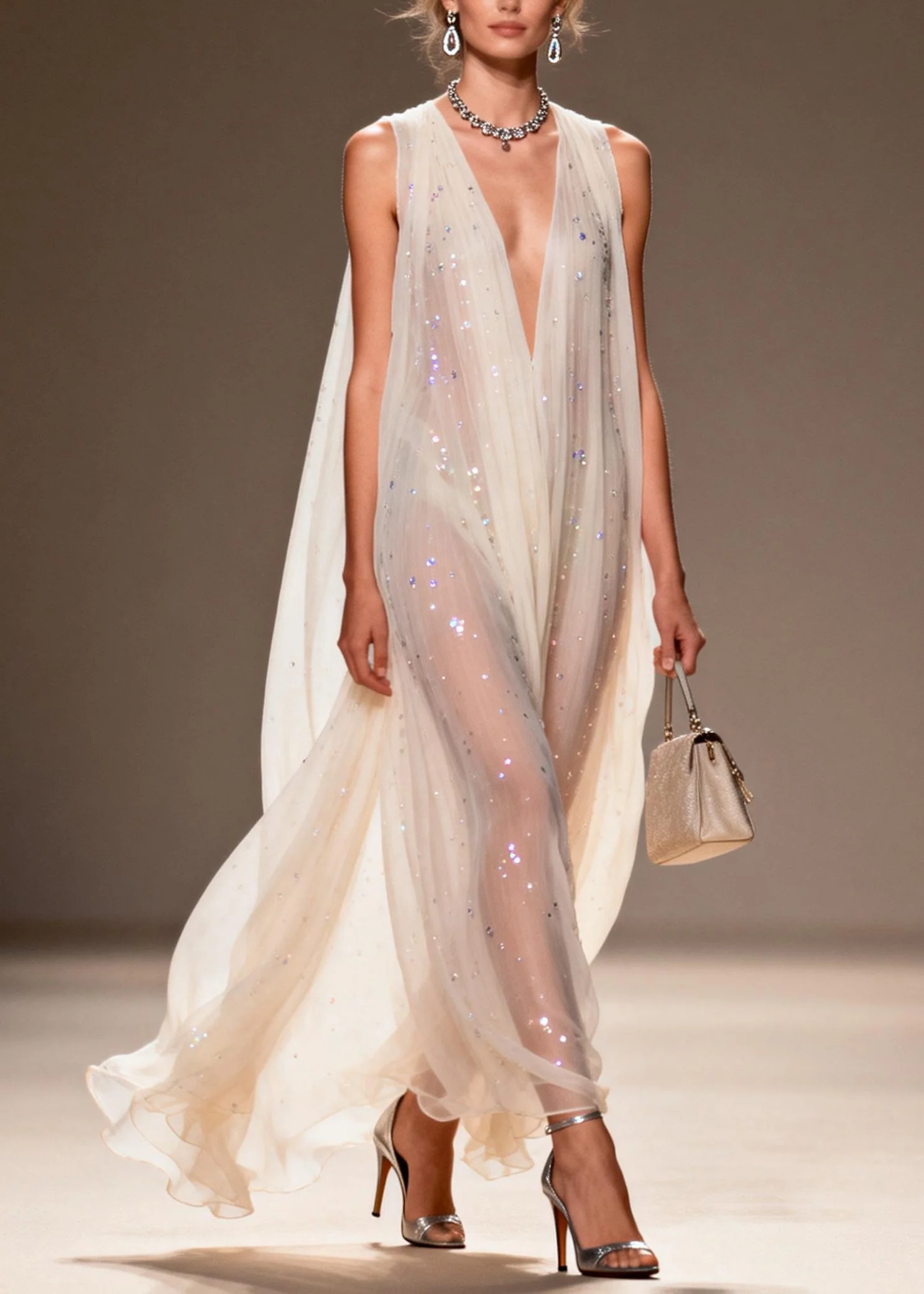 Chic Loose V Neck Zircon Chiffon Dress Sleeveless - Image 3