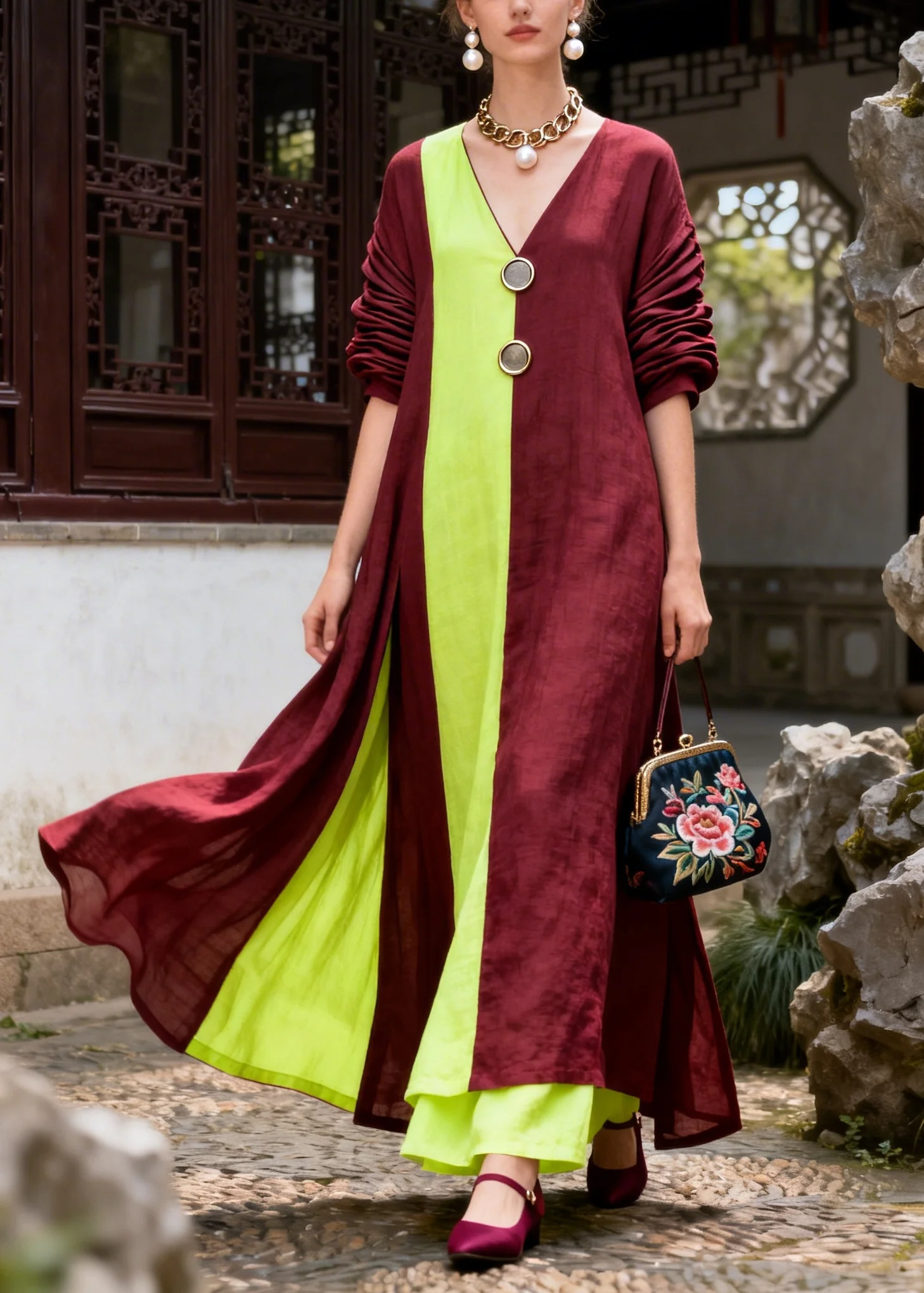 Chic Mulberry Asymmetrical Patchwork Cotton Maxi Dresses Fall - Image 5