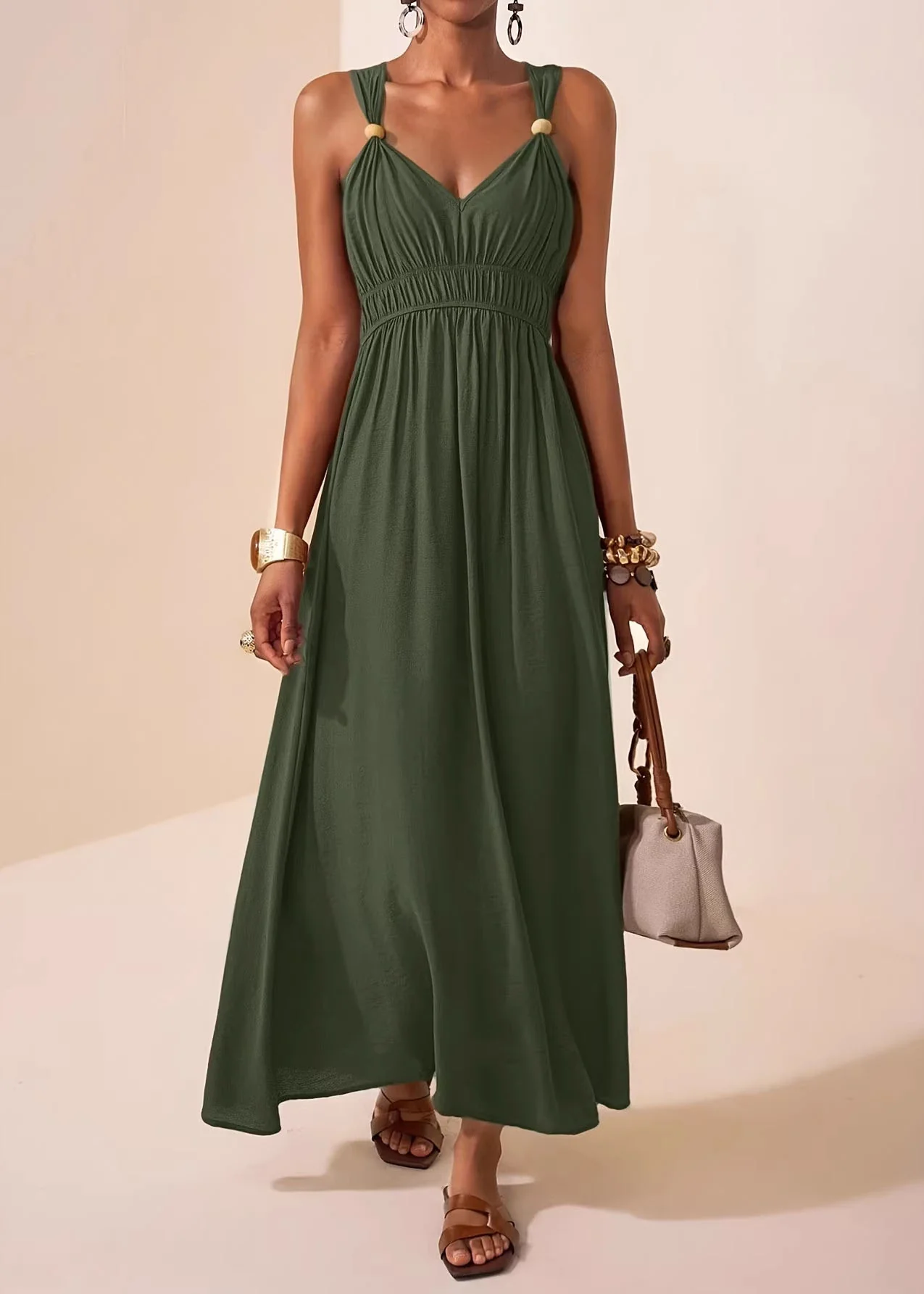 Chic Mulberry V Neck Patchwork Cotton Maxi Dress Sleeveless - Image 3