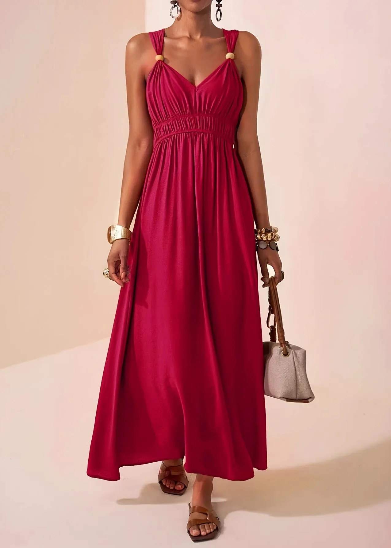 Chic Mulberry V Neck Patchwork Cotton Maxi Dress Sleeveless - Image 4
