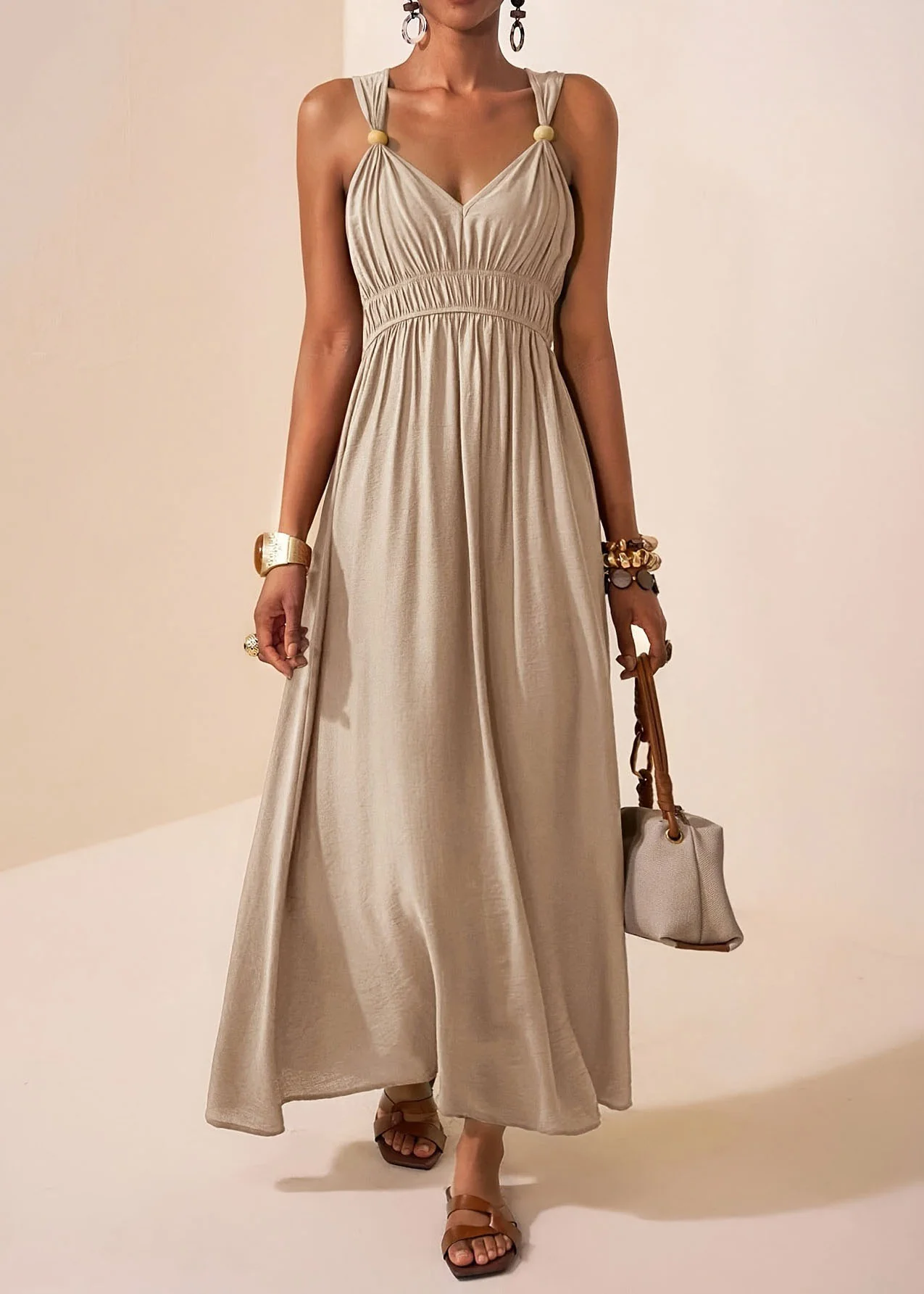 Chic Mulberry V Neck Patchwork Cotton Maxi Dress Sleeveless - Image 5
