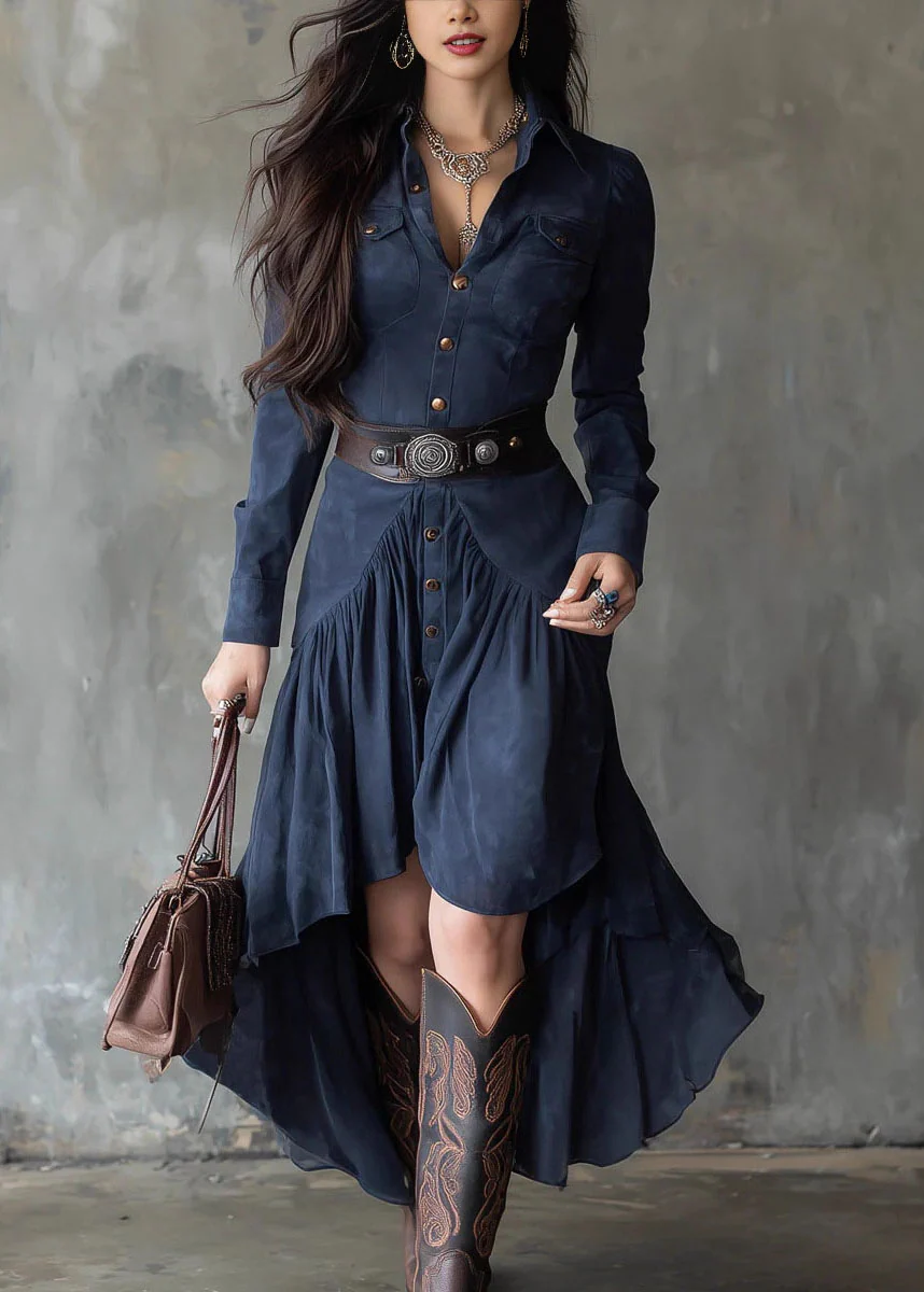 Chic Navy Asymmetrical Design Patchwork Faux Suede Dresses Fall - Image 3