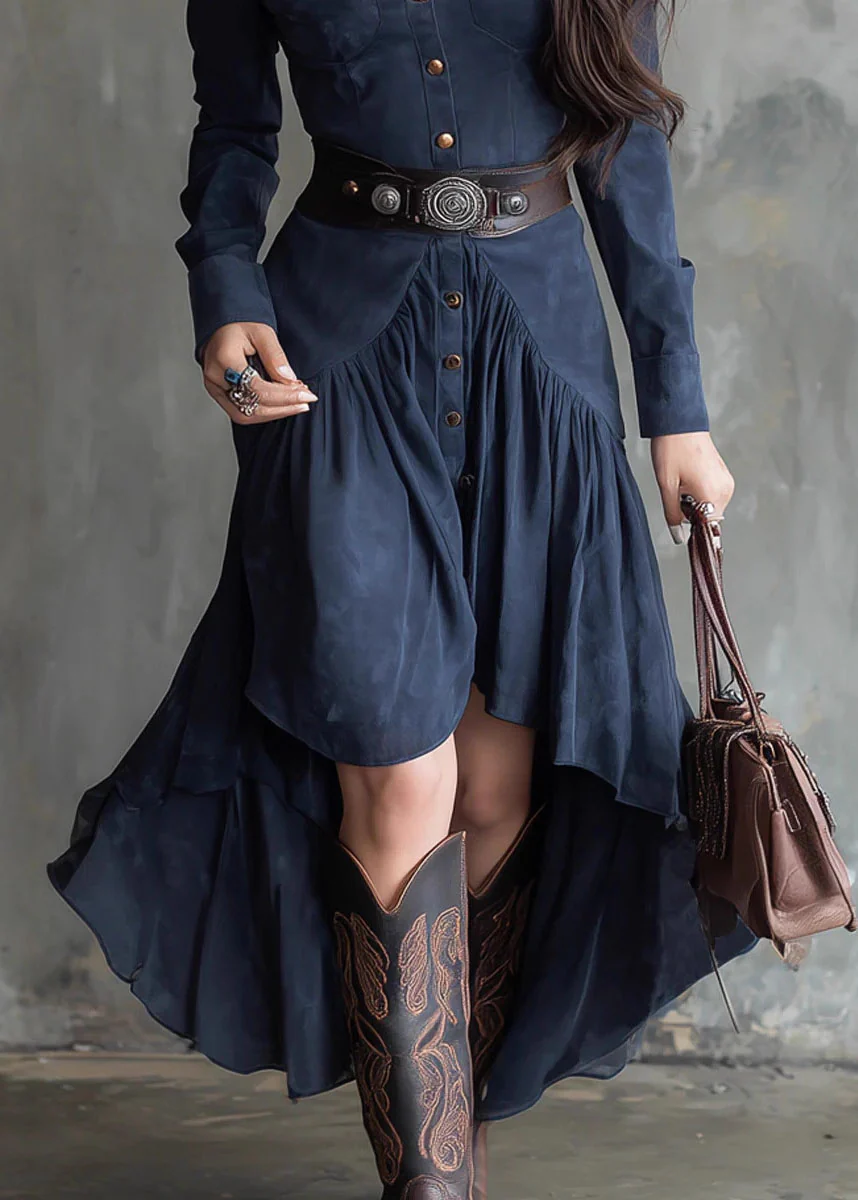 Chic Navy Asymmetrical Design Patchwork Faux Suede Dresses Fall - Image 4