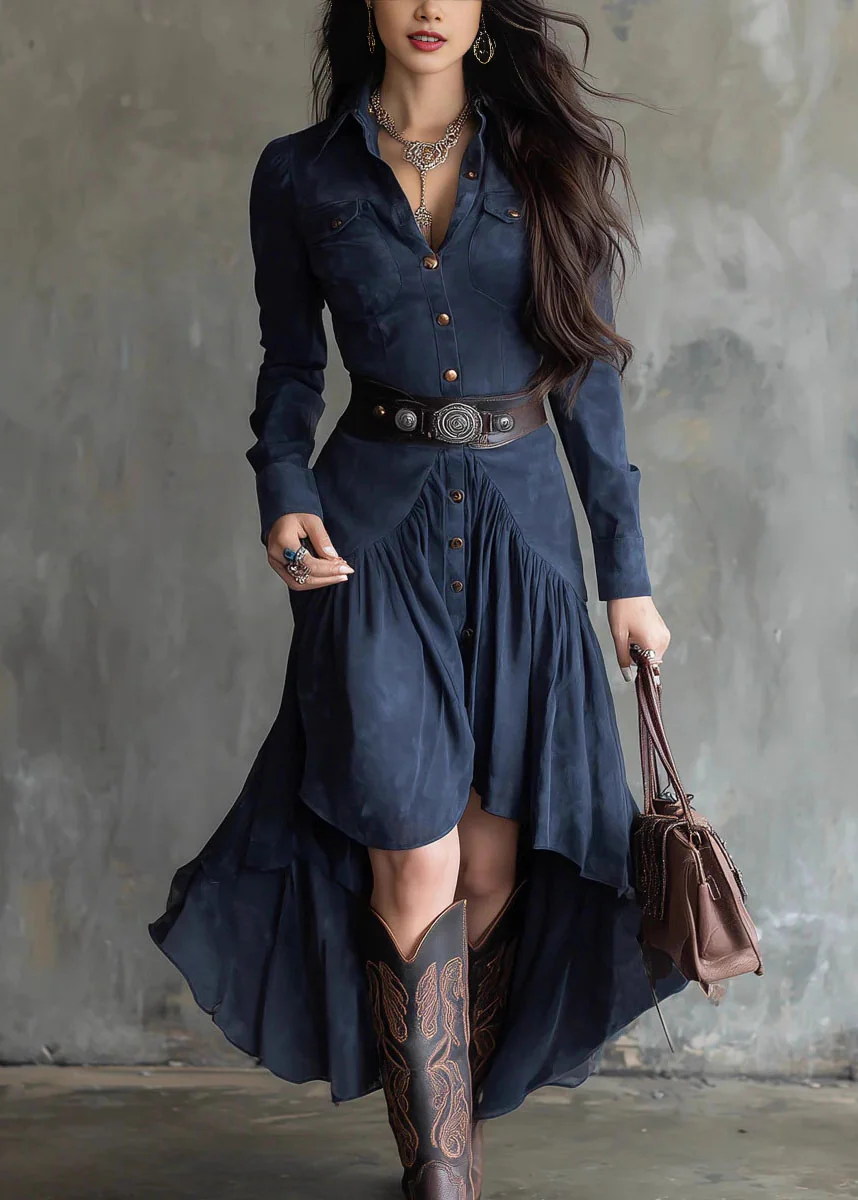Chic Navy Asymmetrical Design Patchwork Faux Suede Dresses Fall - Image 5