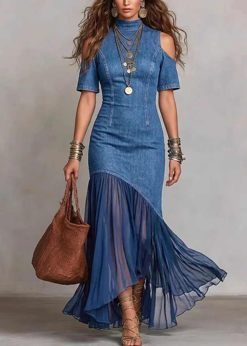 Chic Navy Cold Shoulder Tulle Patchwork Denim Dress Summer - Image 3