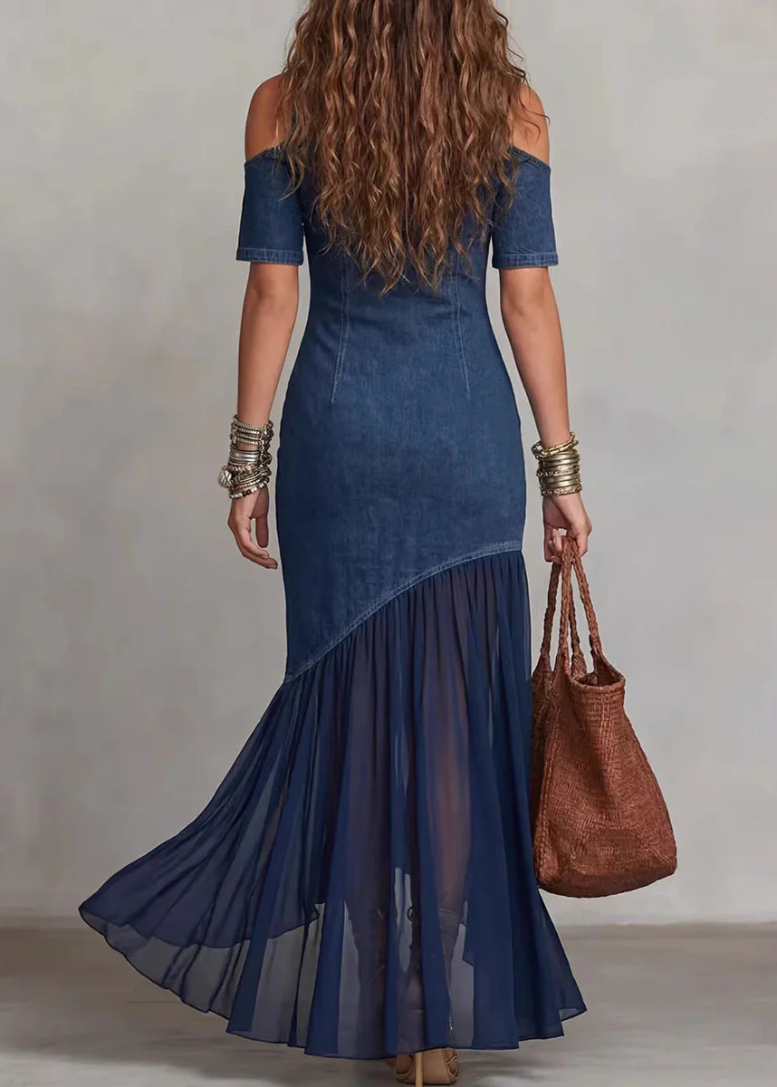 Chic Navy Cold Shoulder Tulle Patchwork Denim Dress Summer - Image 4