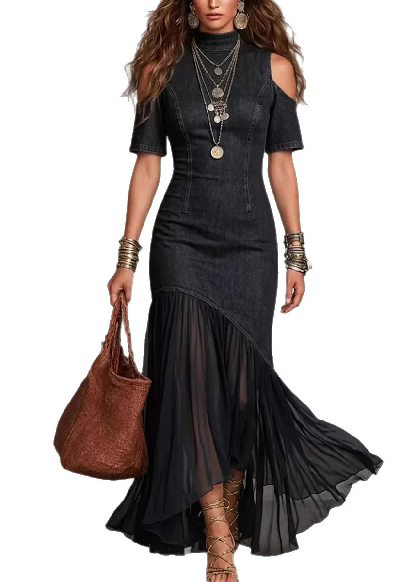 Chic Navy Cold Shoulder Tulle Patchwork Denim Dress Summer - Image 5