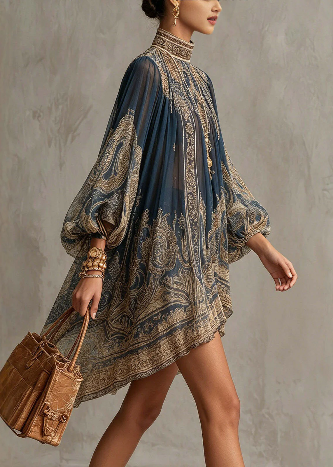 Chic Navy Hign Neck Print Chiffon Vacation Dresses Summer - Image 3