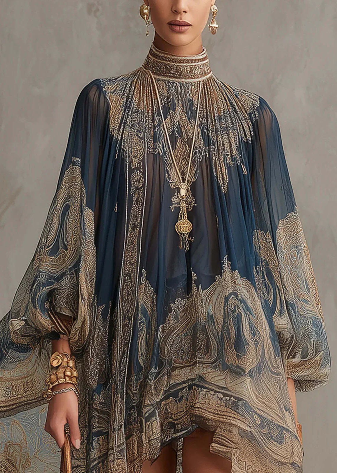 Chic Navy Hign Neck Print Chiffon Vacation Dresses Summer - Image 4