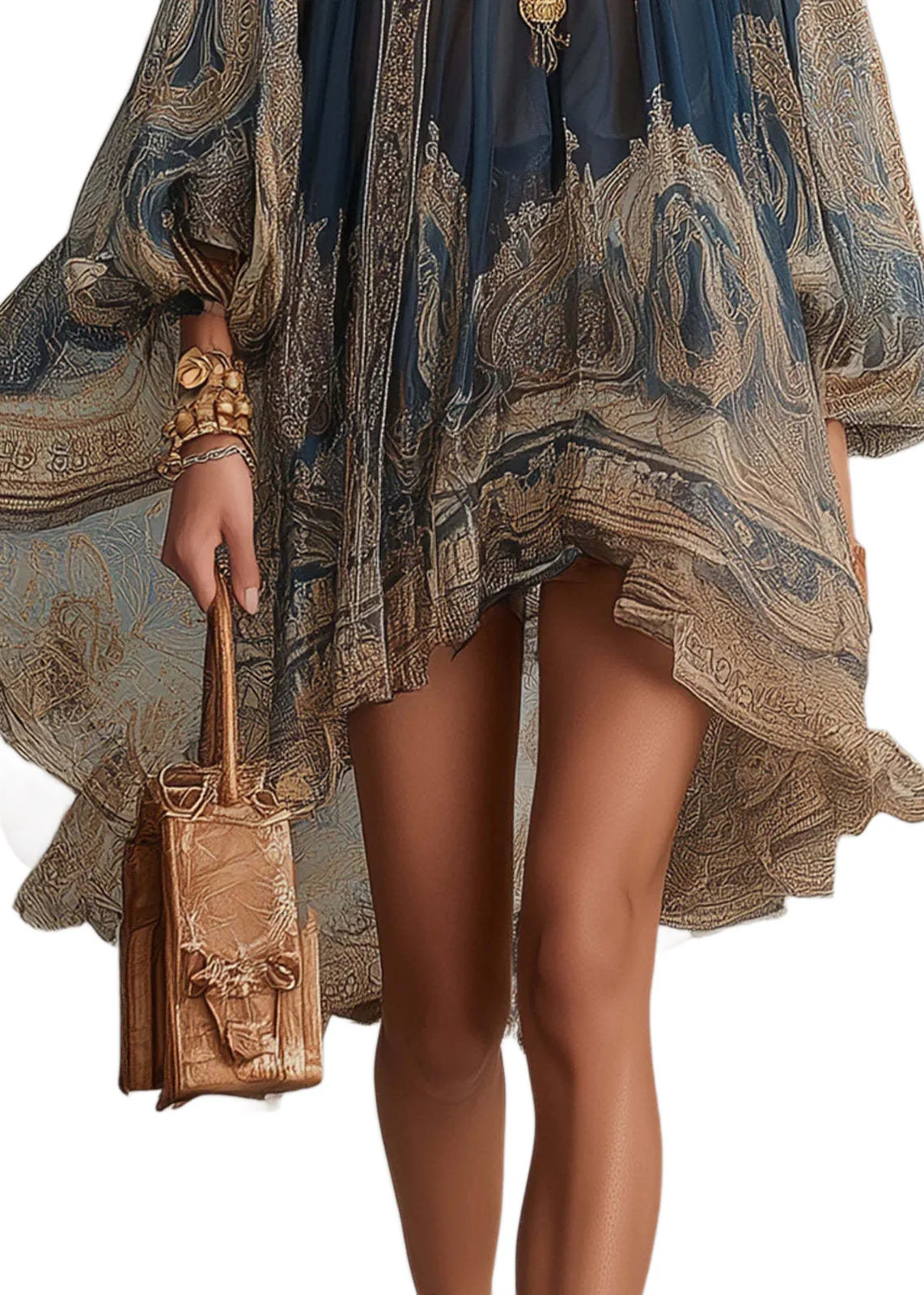 Chic Navy Hign Neck Print Chiffon Vacation Dresses Summer - Image 5