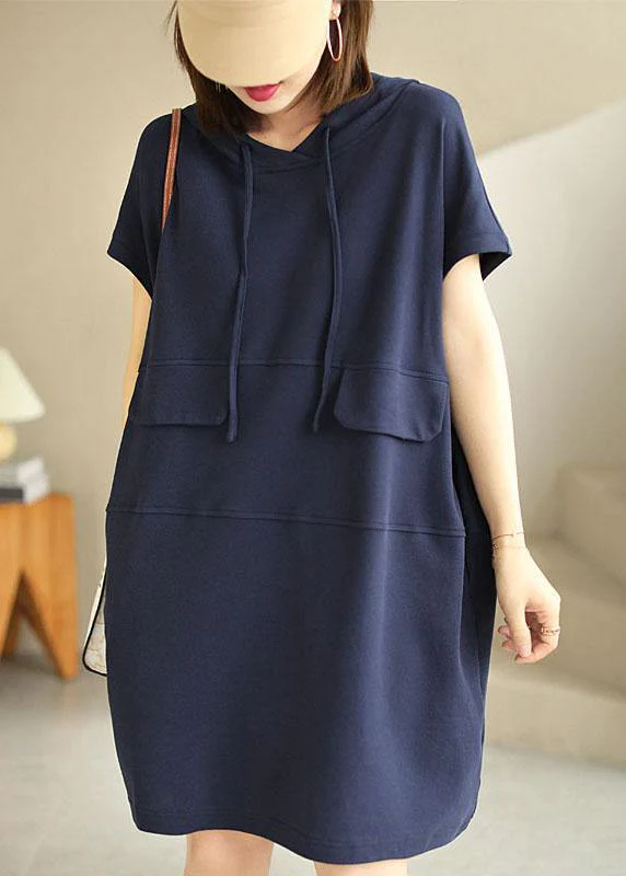 Chic Navy Hooded drawstring Patchwork Fall Short Sleeve Dress