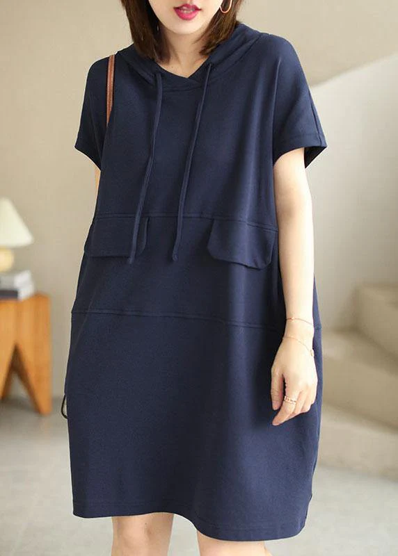 Chic Navy Hooded drawstring Patchwork Fall Short Sleeve Dress - Image 2