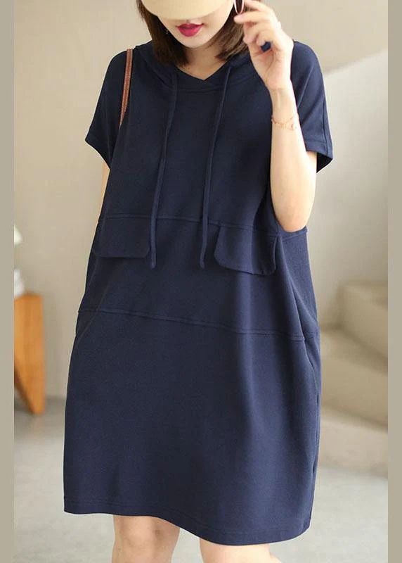 Chic Navy Hooded drawstring Patchwork Fall Short Sleeve Dress - Image 3