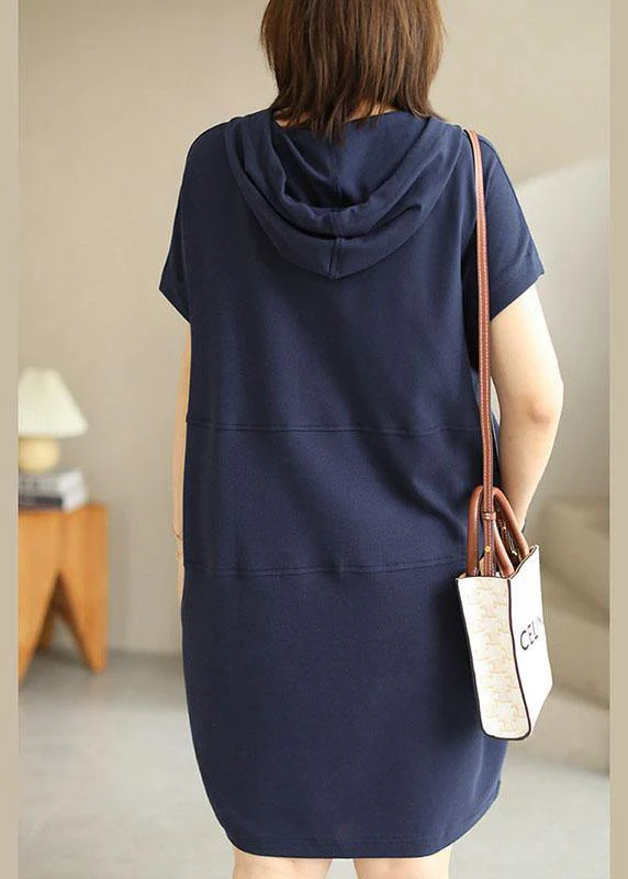 Chic Navy Hooded drawstring Patchwork Fall Short Sleeve Dress - Image 4