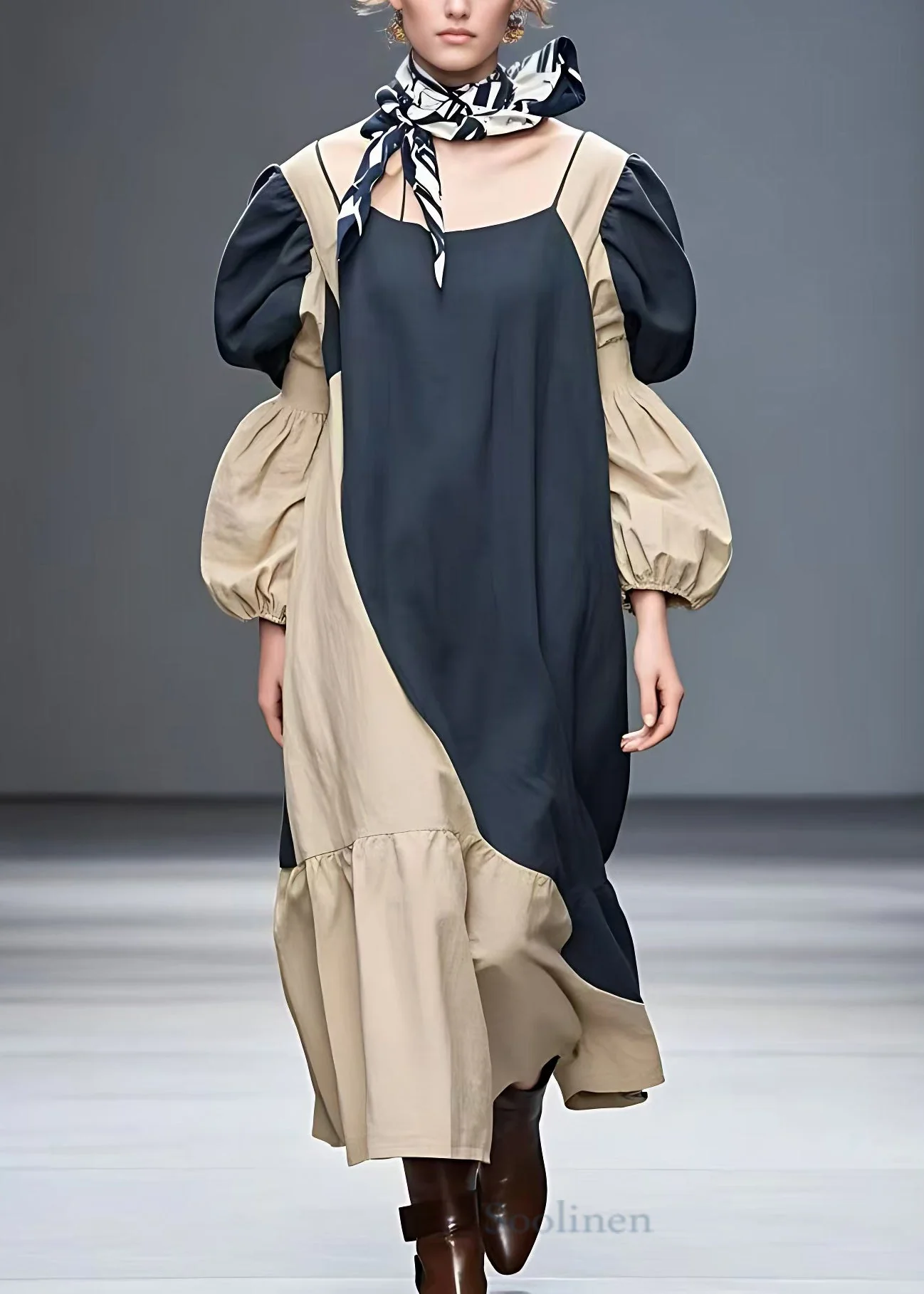 Chic Navy O-Neck Patchwork Cotton Maxi Dress Fall - Image 2