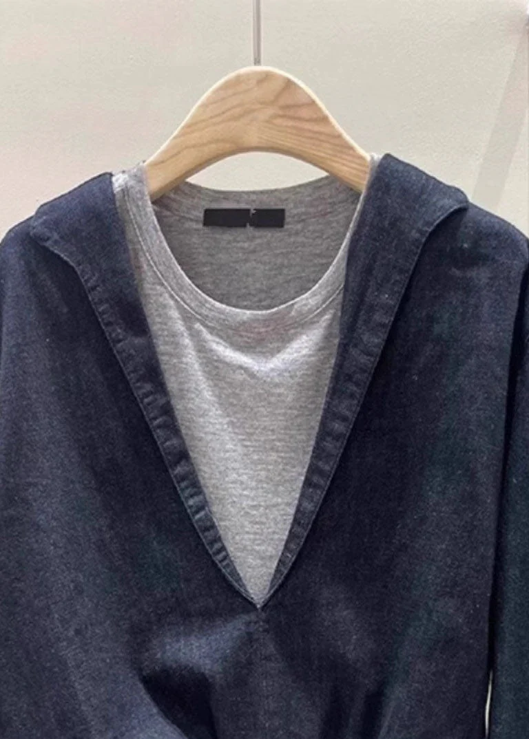 Chic Navy O Neck Patchwork False Two Pieces Cotton Top Spring - Image 2
