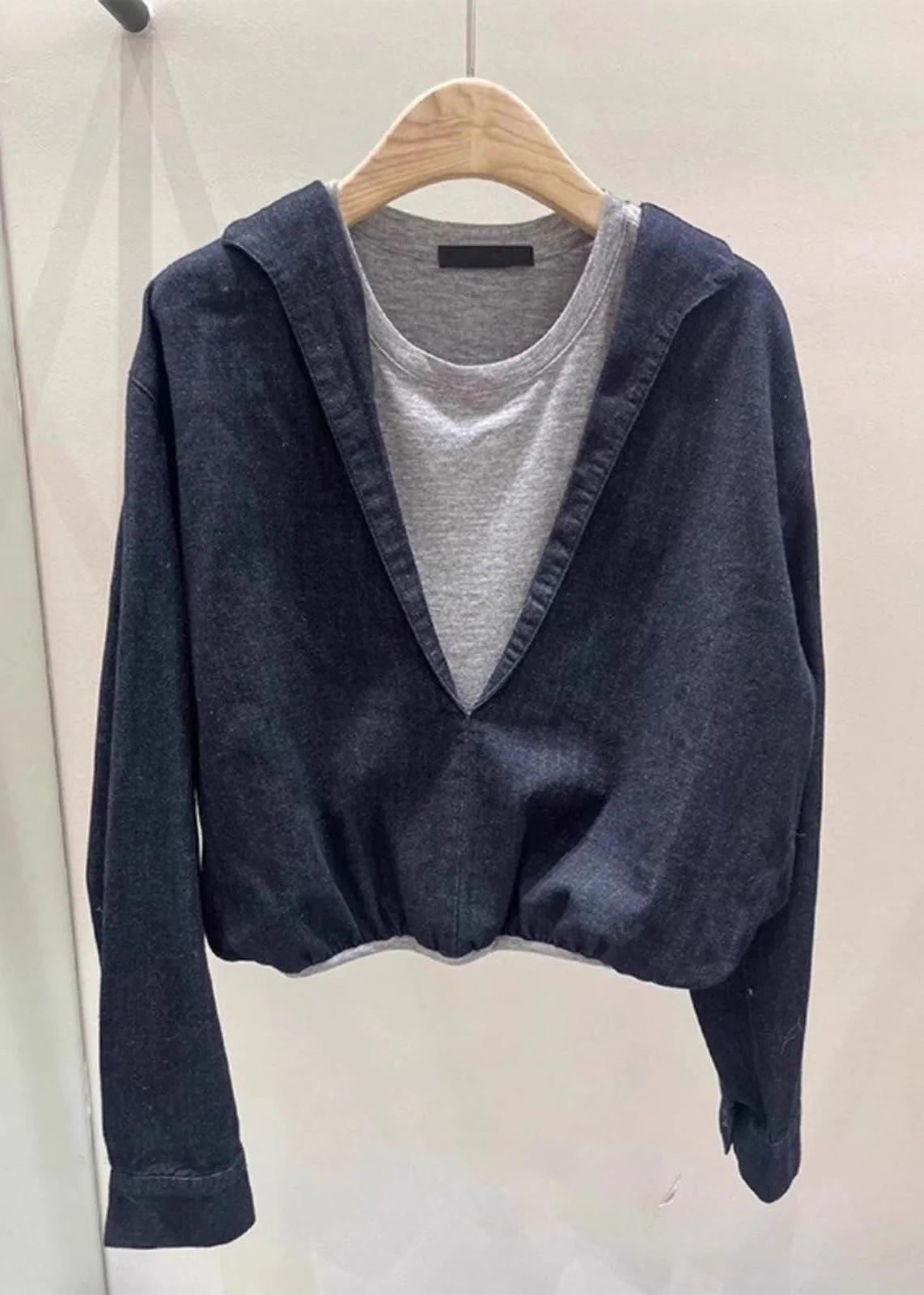 Chic Navy O Neck Patchwork False Two Pieces Cotton Top Spring - Image 3