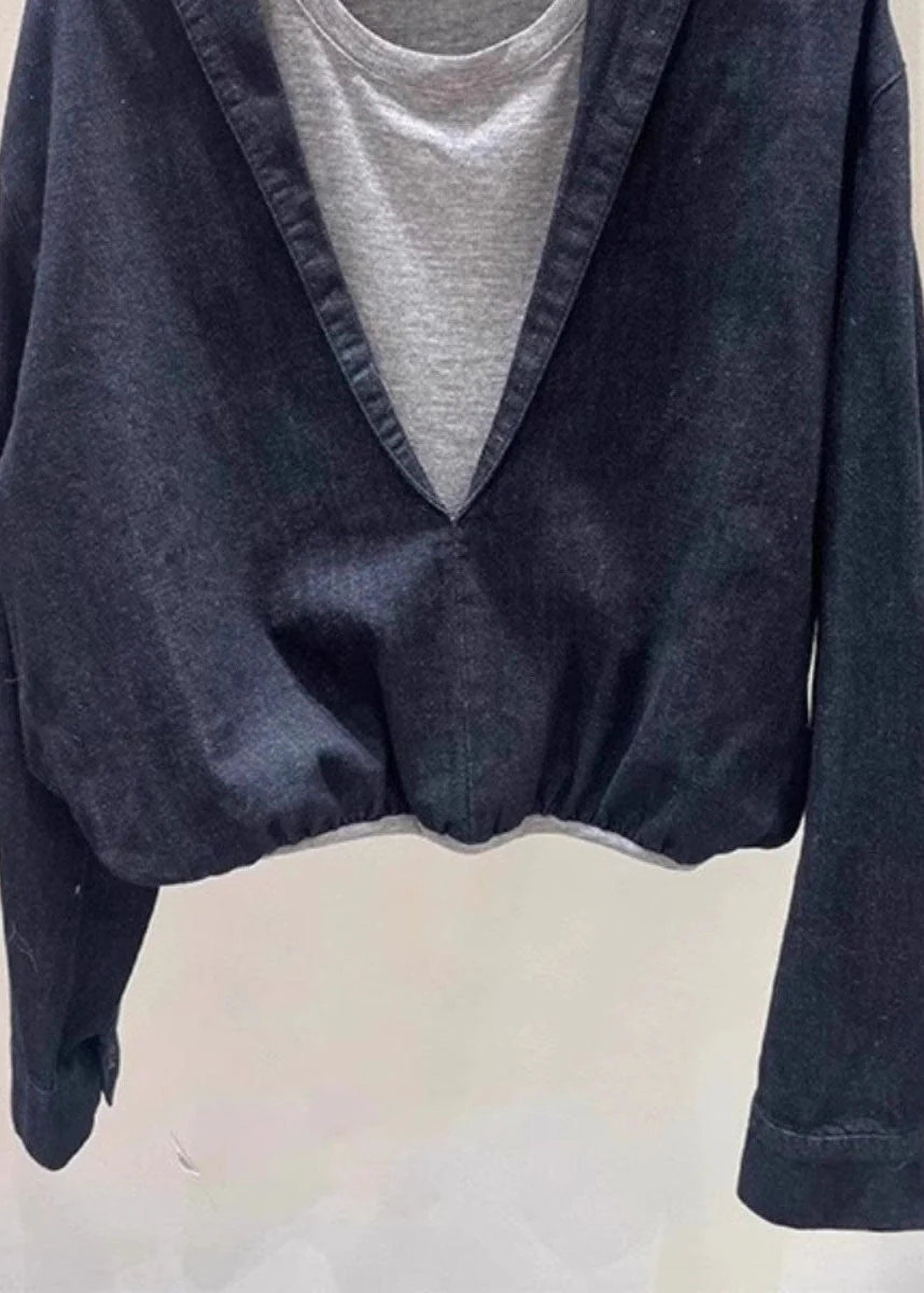 Chic Navy O Neck Patchwork False Two Pieces Cotton Top Spring - Image 4
