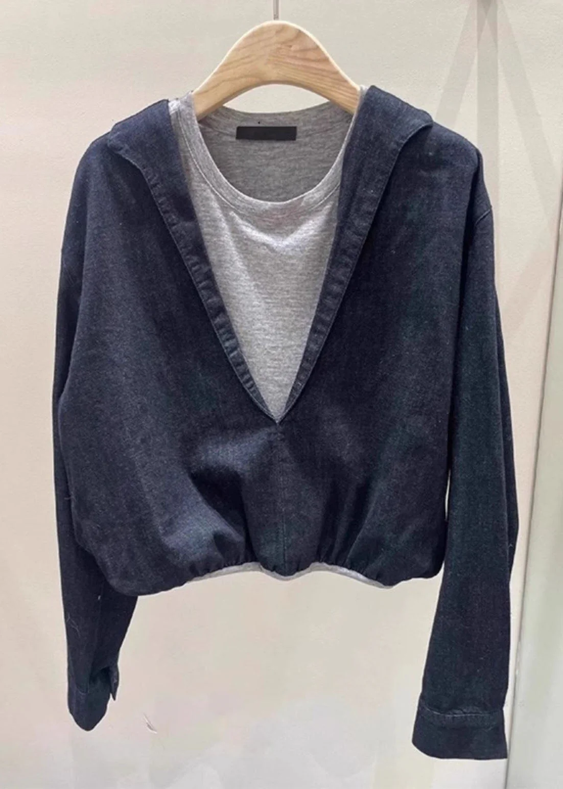 Chic Navy O Neck Patchwork False Two Pieces Cotton Top Spring - Image 5