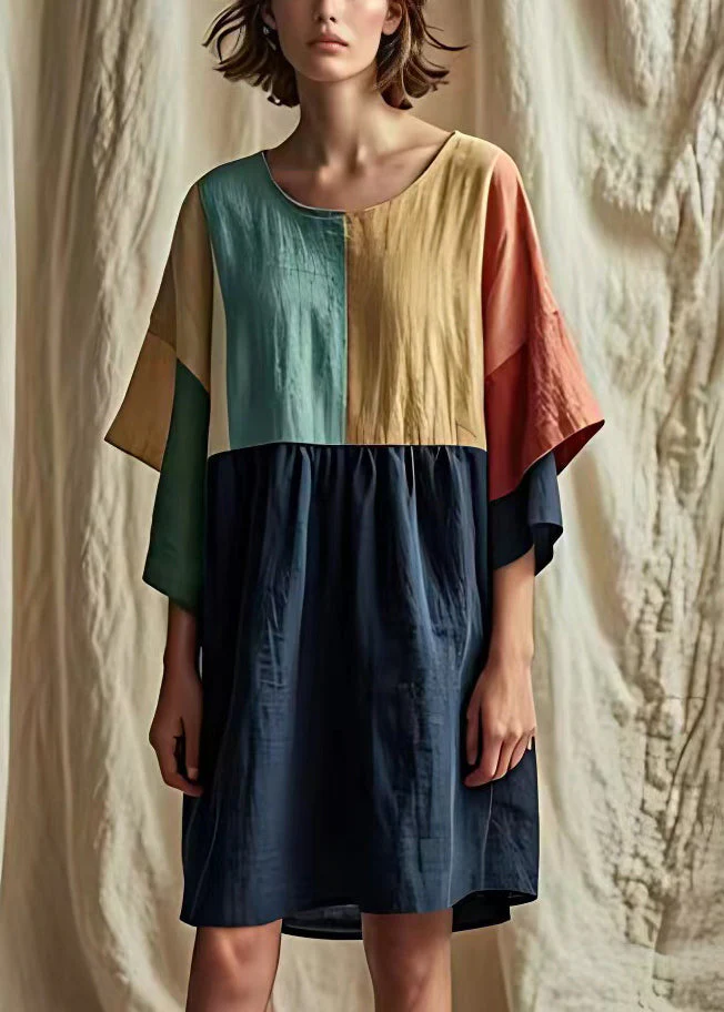 Chic Navy O Neck Patchwork Linen Dress Half Sleeve - Image 2