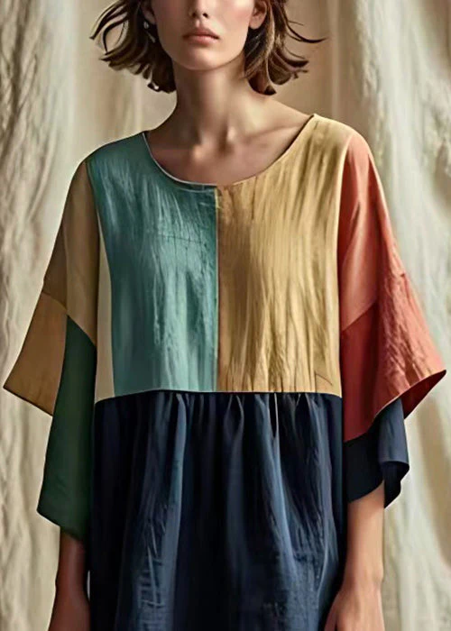 Chic Navy O Neck Patchwork Linen Dress Half Sleeve - Image 4