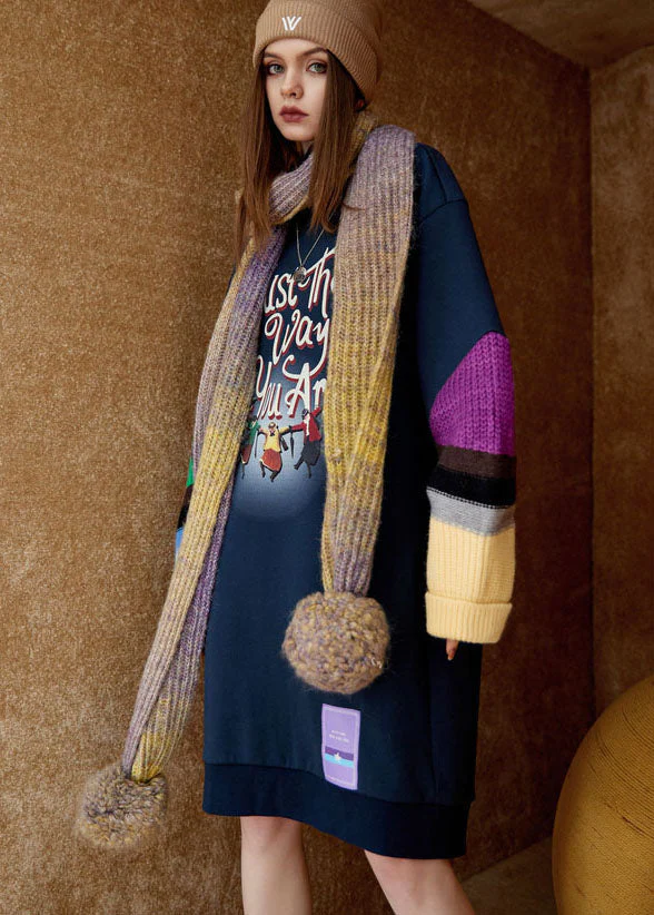 Chic Navy O Neck Print Patchwork Warm Fleece Sweatshirts Dress Winter - Image 3