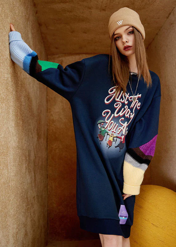 Chic Navy O Neck Print Patchwork Warm Fleece Sweatshirts Dress Winter - Image 4