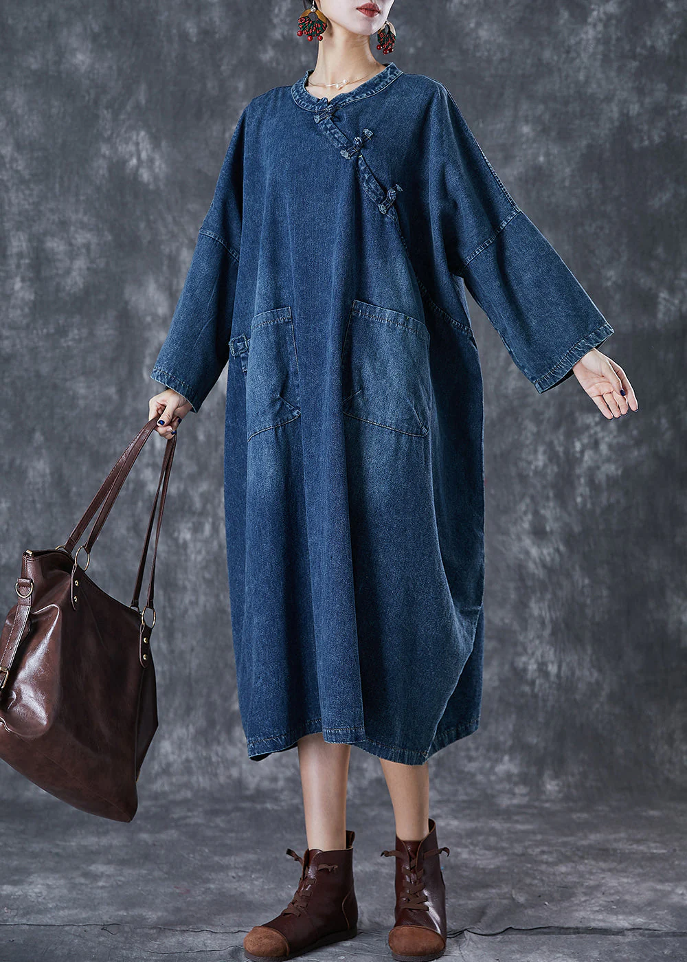 Chic Navy Oversized Chinese Button Denim Maxi Dress Fall - Image 2