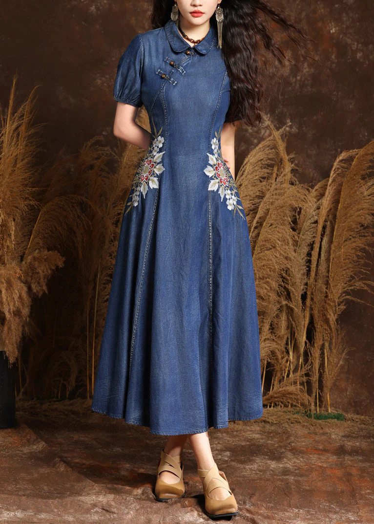 Chic Navy Peter Pan Collar Embroidered Button Denim Maxi Dresses Summer - Image 2