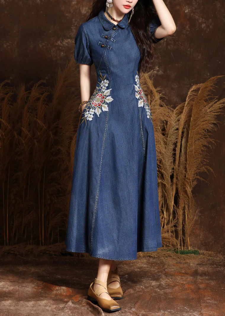Chic Navy Peter Pan Collar Embroidered Button Denim Maxi Dresses Summer - Image 3