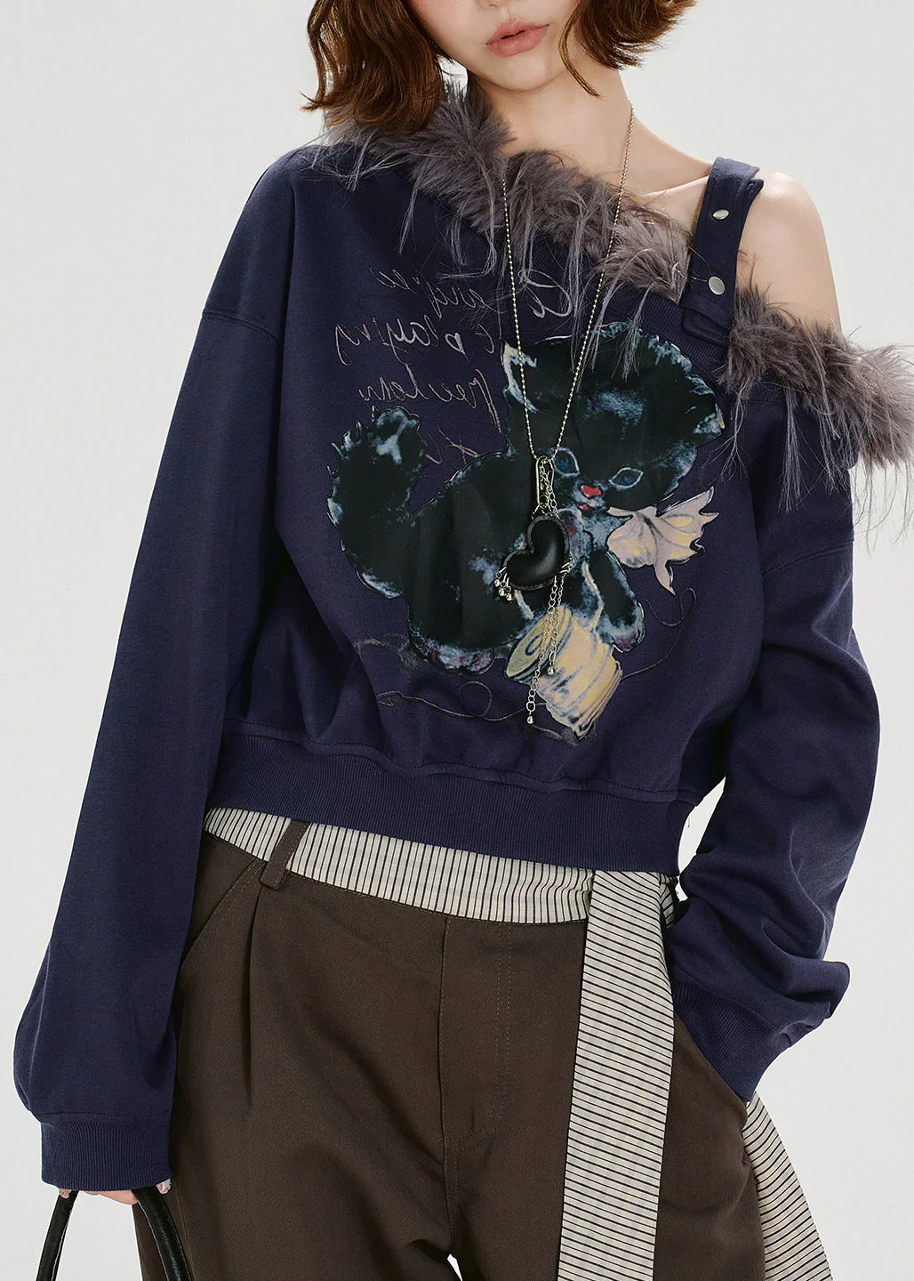 Chic Navy Print Fur Collar Patchwork Cotton Tops Spring - Image 2