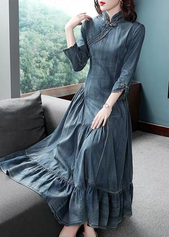 Chic Navy Stand Collar asymmetrical design Ruffles Cotton Denim Dresses Long Sleeve - Image 2