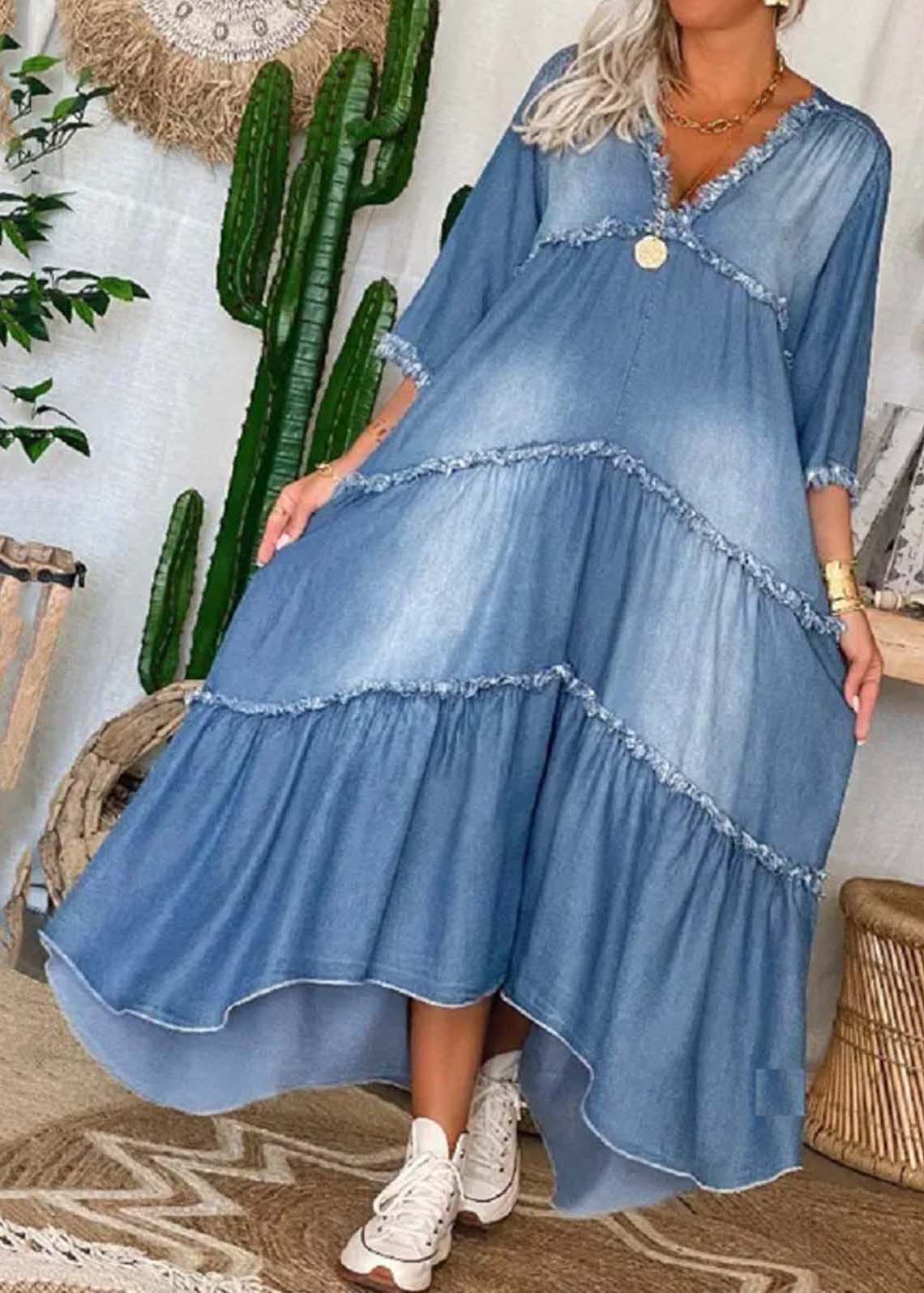 Chic Navy V Neck Patchwork Tassel Denim Long Dress Half Sleeve - Image 3