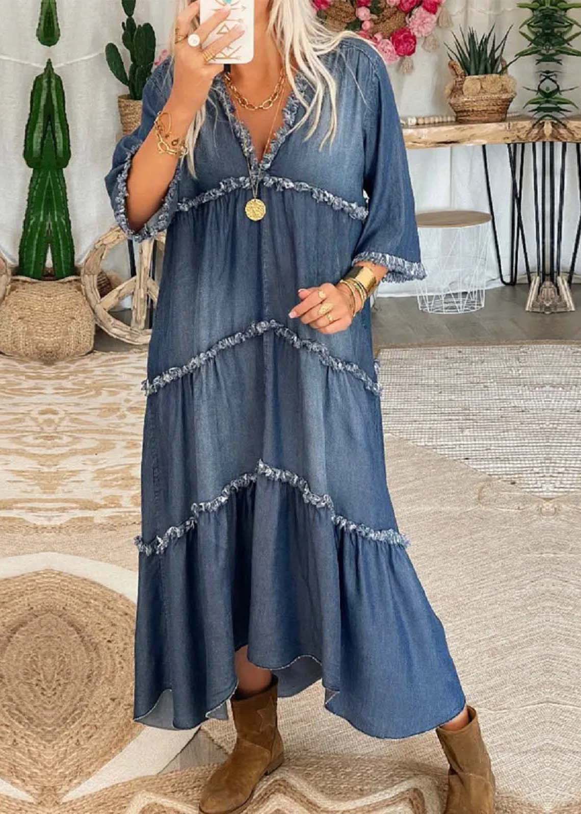 Chic Navy V Neck Patchwork Tassel Denim Long Dress Half Sleeve - Image 4