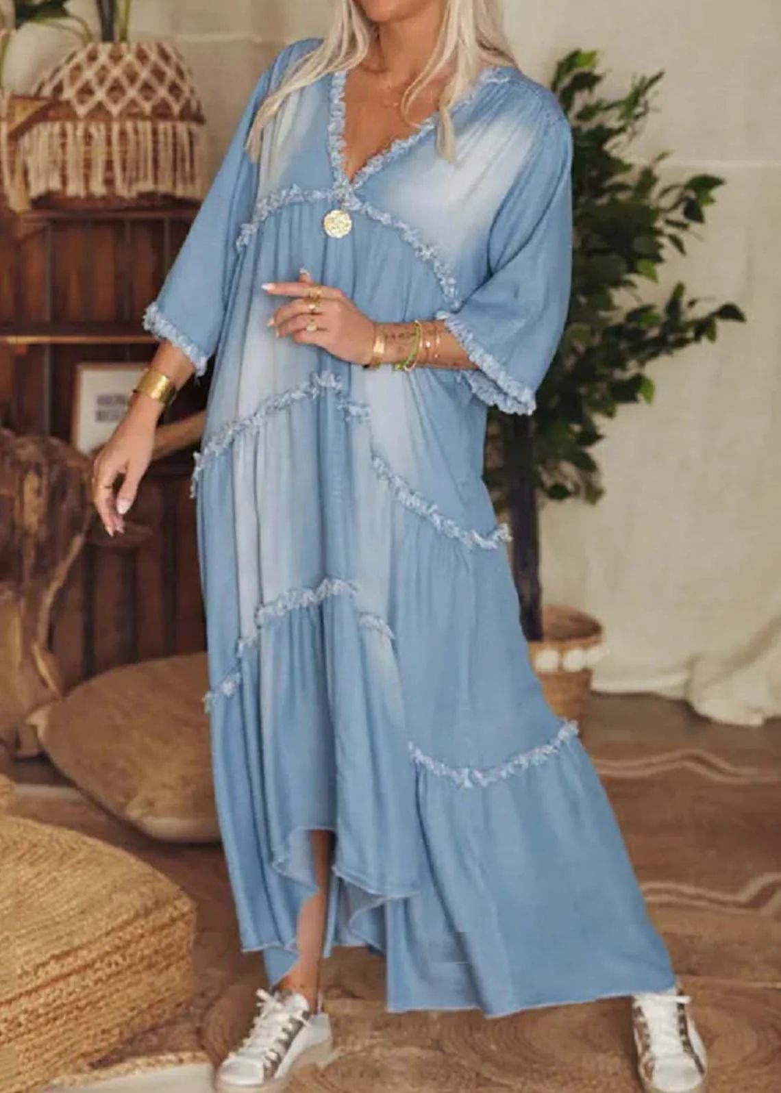Chic Navy V Neck Patchwork Tassel Denim Long Dress Half Sleeve - Image 5