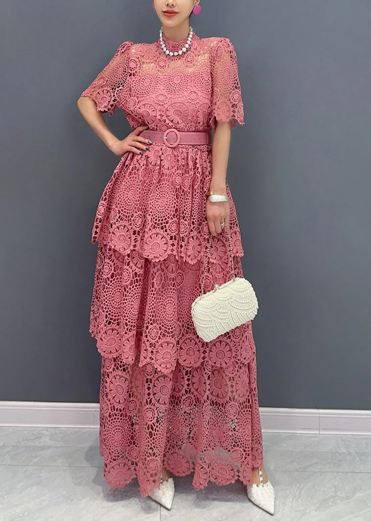 Chic Navy V Neck Sashes Hollow Out Lace Long Dresses Summer - Image 2